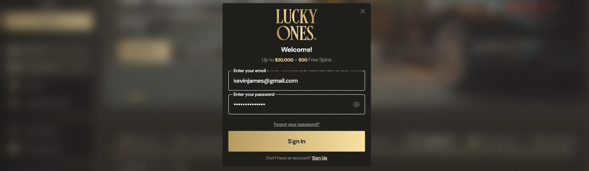 Lucky Ones Casino login page interface